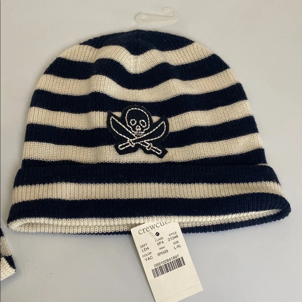 Crewcuts Scarf and Hat Set NWT Blue Ivory Stripe Unisex Wool Blend Skull Warm